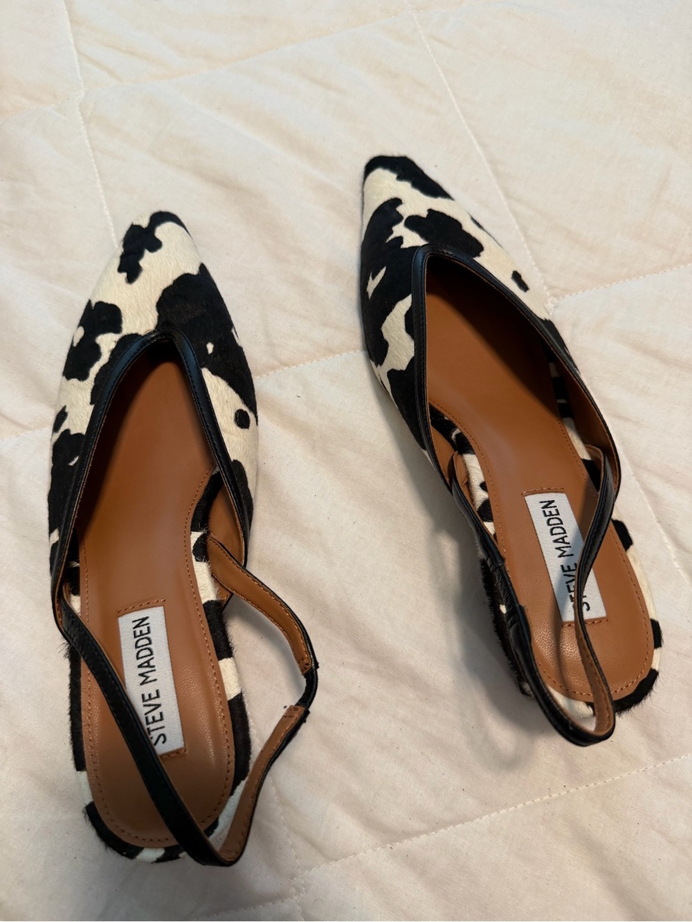 Steve Madden Black and White Cow-Print Slingback Flats